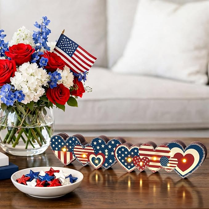 Yousoontic 4th of July Decorations Retro Patriotic Table Centerpieces with LED Lights Memorial Day Heart Wooden Sign Decor 3D Block Red White Blue Decor for 250th Anniversary Home Mantel Desk Party