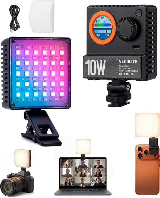 10W Ultra Bright Video Light, Portable LED Camera Light with 1200 Lux, 1800K–9000K Bi-Color, 360° Full Color, Phone Clip, Cold Shoe, On-Camera RGB Selfie Light for Photography, Video, Vlogging