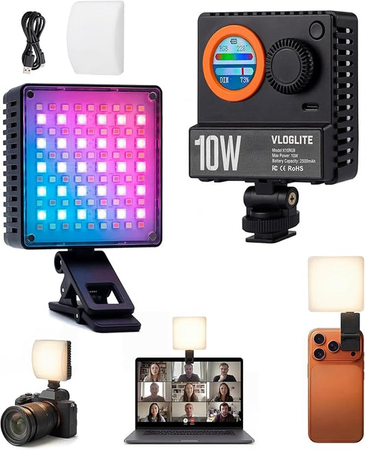 10W Ultra Bright Video Light, Portable LED Camera Light with 1200 Lux, 1800K–9000K Bi-Color, 360° Full Color, Phone Clip, Cold Shoe, On-Camera RGB Selfie Light for Photography, Video, Vlogging