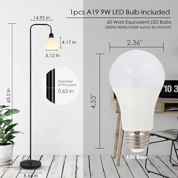Modern Floor Lamp for Living Room, Black, with 3 Color Temperatures LED Bulb, Industrial Design, 63.2 in H, White Glass Shade, E26 9W A19 LED Bulb Included