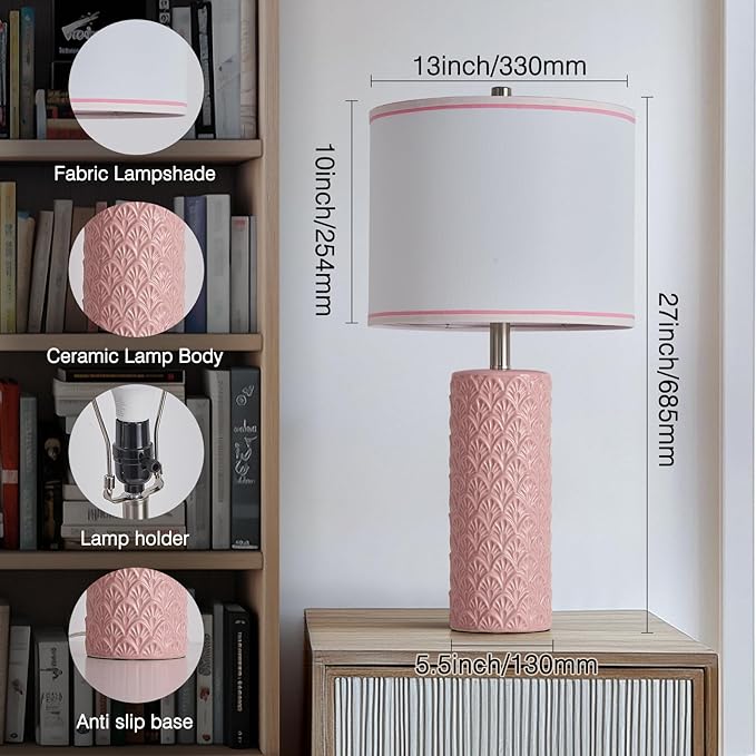 27" Farmhouse Bedside Table Lamp Set of 2, Pink Modern Ceramic Lamps for Living Room, 3 Color Temperature Rustic Table Lamps for Bedroom, Night Stands, Dorm,Office, Home Décor (Bulb Included