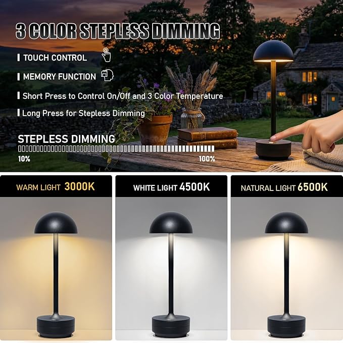 Cordless Table Lamp Rechargeable - LED Table Light Outdoor - 5000mAh Battery Operated Portable Touch Dimmable Lamps for Restaurant Patio Dining Room (Black-1)