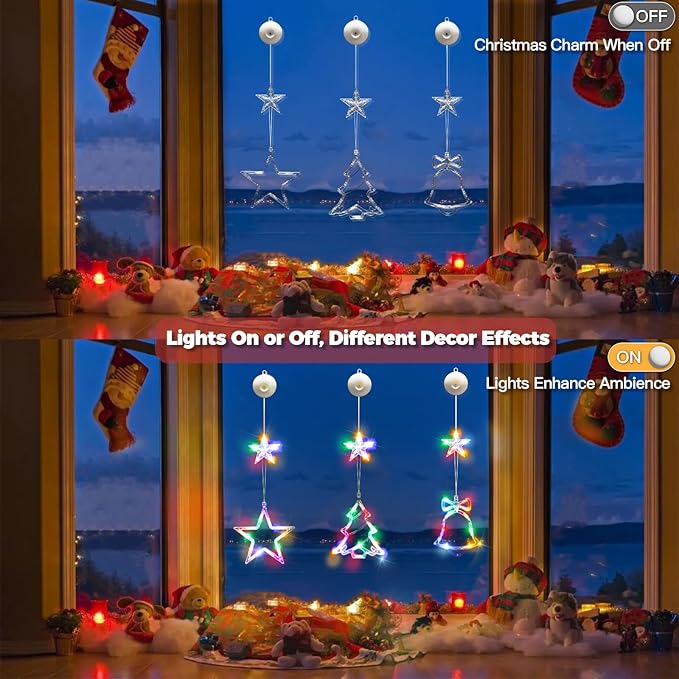 suddus 3Pcs Christmas Window Lights with Timer, Battery Operated LED Xmas Decorations with Suction Cup Hooks, Star, Bell & Tree Shaped Indoor Hanging Lights for Window Wall Holiday Party (Multicolor)