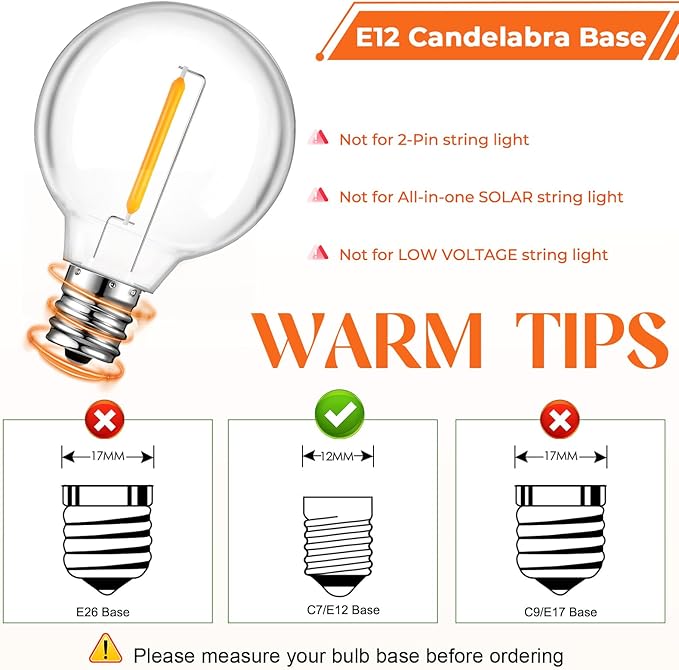 90 Pack LED G40 Replacement Bulbs for String Lights, Shatterproof Plastic Globe Bulb for Indoor Outdoor Patio Decor, E12 Candelabra Socket Base, Warm White