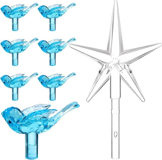 Mudder 100 Pieces Ceramic Christmas Tree Bird Bulbs and 5 Pieces Stars Replacement Plastic Bulbs for Ceramic Christmas Tree Decorations(Blue)