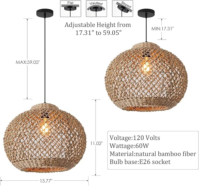 13.77" Woven Rattan Pendant Light,Hand-Woven Water Plants Rattan Chandelier 1-Light Boho Wicker Coastal Retro Ceiling Chandelier Lighting,for Kitchen Island Restaurant Craft Farmhouse