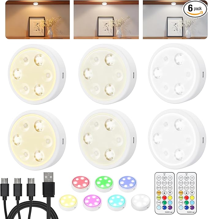 HOLKPOILOT Puck Lights with Remote, 2000mAh Battery Operated Rechargeable Under Cabinet Lighting, 3 Color Temps & 7 RGB Colors, Magnetic Closet Light, White Wireless Puck Light for Kitchen, Shelf