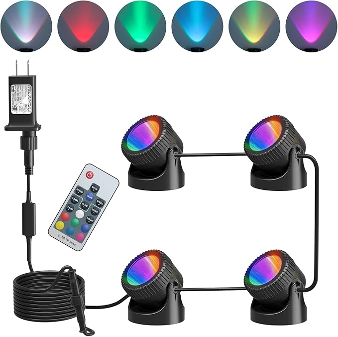 PChero Submersible LED Pond Lights with Timer, RGB Color Changing Underwater Light, IP68 Waterproof Spotlights Fountain Lights for Pool, Fish Tank, Garden, Yards, Waterfall (4 Lights)