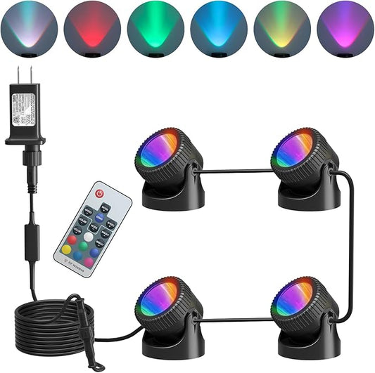 PChero Submersible LED Pond Lights with Timer, RGB Color Changing Underwater Light, IP68 Waterproof Spotlights Fountain Lights for Pool, Fish Tank, Garden, Yards, Waterfall (4 Lights)