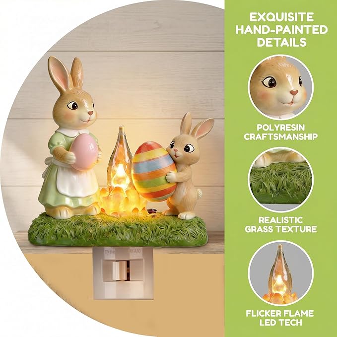Easter Night Light - Bunny Campfire Plug in Wall, Mother & Baby Rabbit Lamp with Flickering Flame, Handmade Resin Easter Home Decor, Warm Nightlight for Bedroom Nursery or Festive Gift