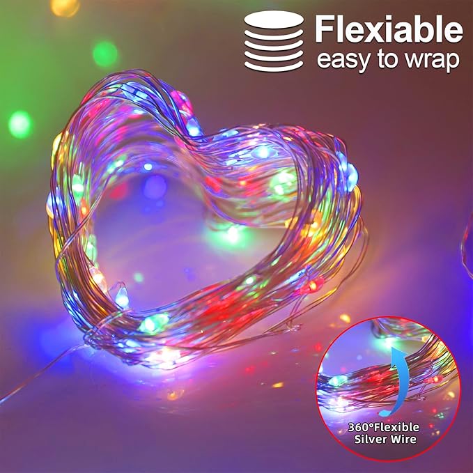 YAOZHOU Christmas Decorations Multicolor Fairy String Lights, Battery Operated with Timer, 2 Pack Total 33FT 100 Led Mini Battery Powered Mason Jar Waterproof Firefly Lights DIY Party