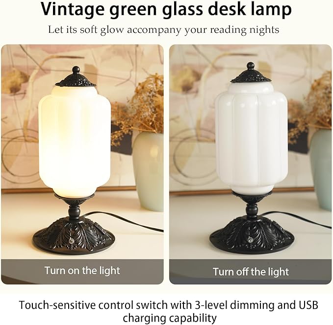 Vintage Milk Glass Touch Table Lamp, Elegant white Glass Bedside Desk Lamp 3 Way Dimmable with USB C+A Charging Ports - Bedroom Nightstand & Living Room Essential, 4W Bulb Included (white, 6.5)