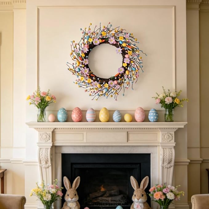 Idyllic 22 Inch Minimalist Fresh Easter Wreath with Easter Eggs Daisies and Carrot Decorations for Front Door Window Living Room Fireplace Easter Decor