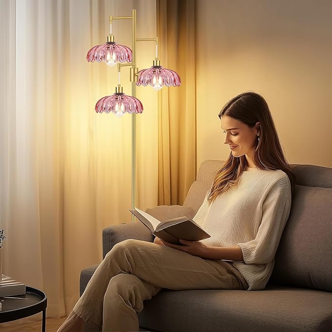 Gold Floor Lamps for Living Room-3 Light Dimmable Floor Lamp with Three Bulbs & Glass Lampshape, Mid Century Modern Standing Lamp Tree Tall Flower Floor Lamp for Bedroom Living Room,Corner