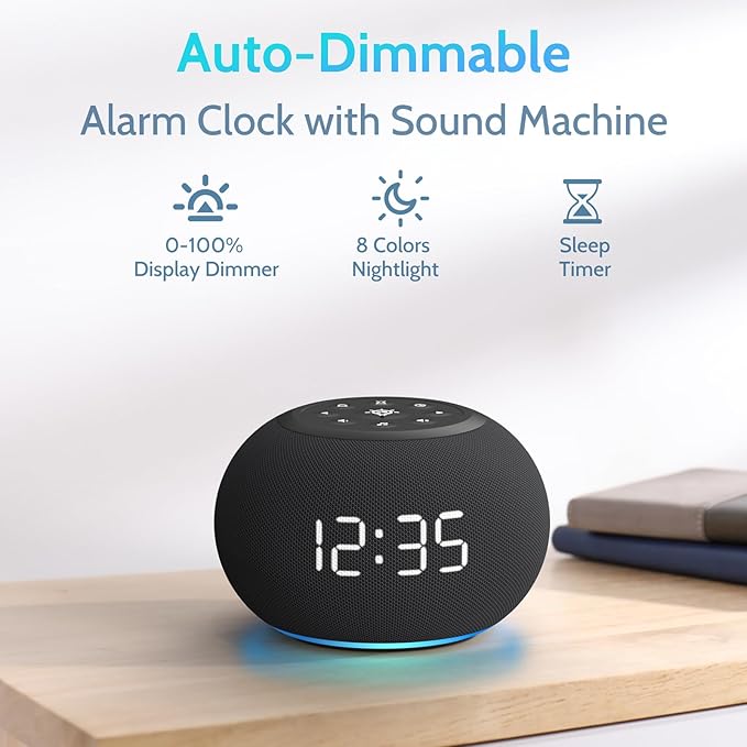 Reacher Auto-Dimmable Alarm Clock Sound Machine with Night Light, 20 Soothing Sounds, LED Digital Display, Sleep Timer, Adjustable Volume, Small White Noise Maker for Office, Travel