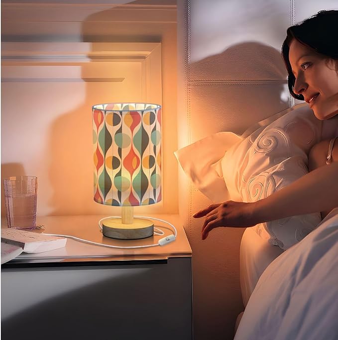 Abstract Mid-century Colorful Table Lamp for Bedroom USB Port Lamps Small Accent Table Lamp Nightstand Lamp Sturdy Linen Shade Wooden Base Decorative Lamps for Bedside Reading|Kids|Dorm|Home