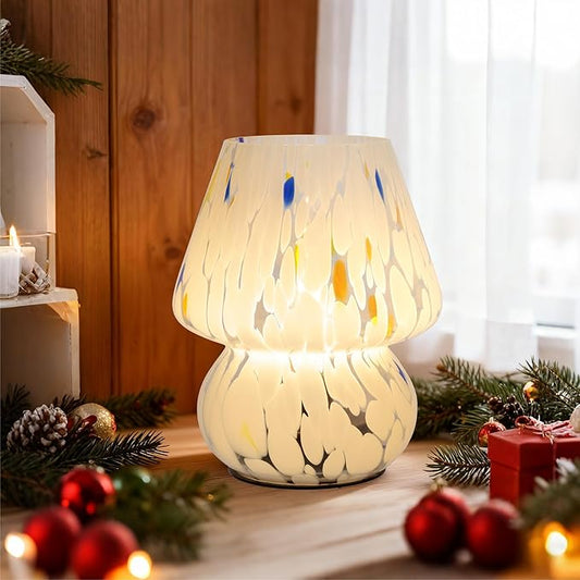 Cordless Mushroom Lamp-Modern Small Battery Operated Table Lamp with Timer for Home Decor,Aesthetic Glass Battery Powered Lamp for Bedroom/Kitchen/Living Room/Shelf Decor(White&Blue)