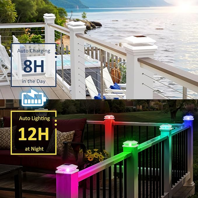 T-SUN Solar Post Cap Lights with Auto-Change Colors- for Wooden (4x4/6x6) & Vinyl (4x4/5x5) Posts | Weatherproof Outdoor Solar Fence Post Lights for Deck, Porch, Garden & Stairs(12-Pack,RGB)