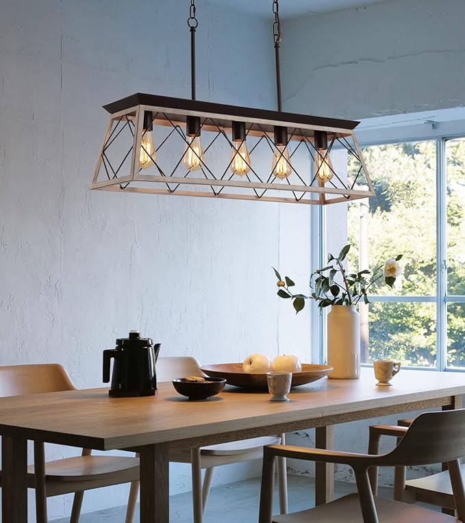 Q&S Dining Room Chandelier Light Fixtures,Farmhouse Rustic Vintage Antique Linear Chandeliers Pendant Ceiling Light Fixture for Kitchen Island Bar Office Coffee Shop 5-Lights Oak and ORB UL Listed