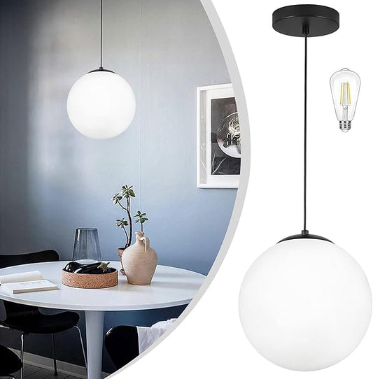 KoKo&Yukina 10" Globe Pendant Light Black Mid Century Pendant Light Mid Century Adjustable Hanging Light Fixture Matte Black Finished with Milk Glass Lampshade for Dining Room Bedroom Kitchen Island