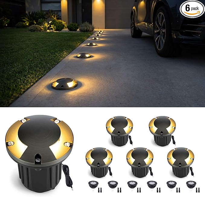 Gardenreet Landscape Well Lights Outdoor - Brass Low Voltage Weathproof In Ground Lighting, LED 12V Turret Top Fixture, Antique Bronze for Deck Floor Pathway with 2700K Warm White MR16 Bulb