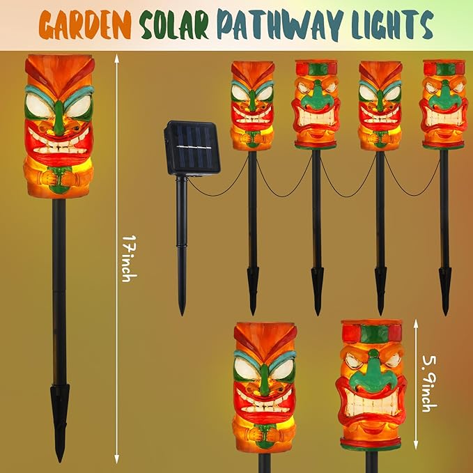 4 Pcs Tiki Solar Light Decor Waterproof Tiki Statues for Outdoor Hawaiian Party Solar Light for Luau Birthday Party Tropical Bar Christmas Garden Yard Decor(Cute)