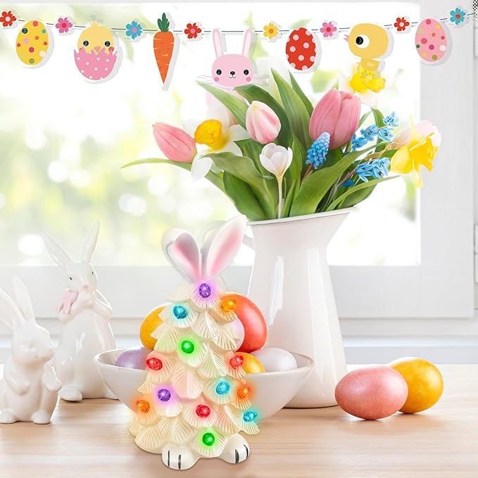 Lighted Easter Bunny Ceramic Tabletop Tree Easter Glowing Easter Bunny Ornaments with Colorful Lamp Beads Resin Rabbit Figurines for Spring Theme Party Basket Stuffers Filler Holiday Decor Gifts
