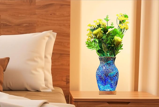 8-Inch Handcrafted Mosaic Cracked-Ice Vase Bedside Lamp with USB-Powered LED Wooden Base,Single-Switch Auto-Cycle RGB Mood Light,Ocean Blue Vase USB Night Light for Party,Camping Decor