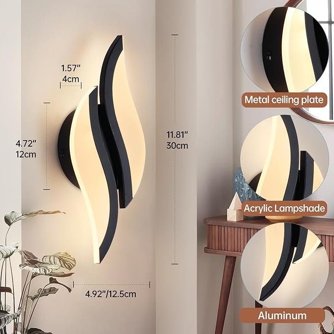 CANEOE Modern LED Wall Sconce 3000K Warm White Black Indoor Wall Light Fixtures Acrylic Wall Sconce Lighting for Living Room Bedroom Bedside Bathroom Hallway Stairway Wall Lamp (Black, 1 Pack, 3000K)