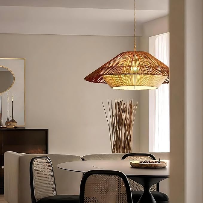 LIGHTLAND 19.7 Inch Bohemian Rattan Pendant Light, Twine Woven Chandelier, Wabi-sabi Style Handwoven Chandelier for Dining Room, Kitchen Island, Living Room