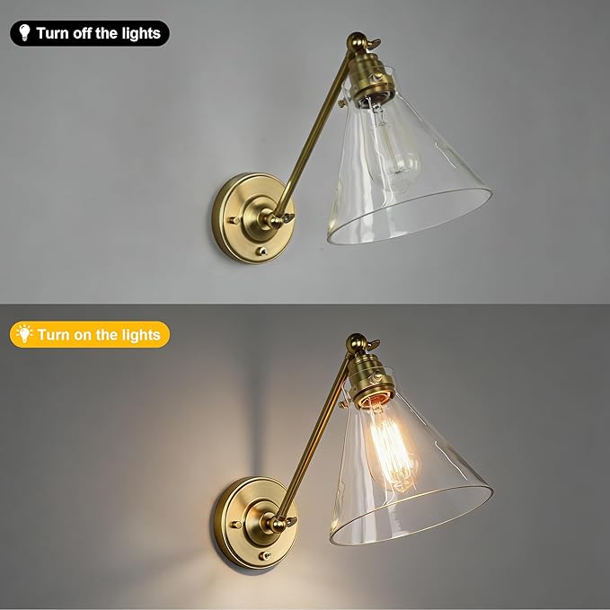 Industrial Vintage Slope Pole Wall Mount Single Sconce with Funnel Flared Clear Glass Shade, Swing Arm Wall Sconce Light Lamp Fixture Hardwired