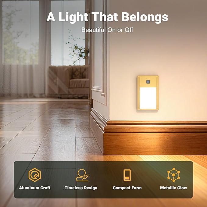 V4light Rechargeable Motion Sensor Night Lights, 4-Pack - Brushed Gold Aluminum Alloy, Ultra-Compact Magnetic Mount, 3000K Warm White Glow, Ideal for Hallways, Bedrooms, Stairs & Nightly Use