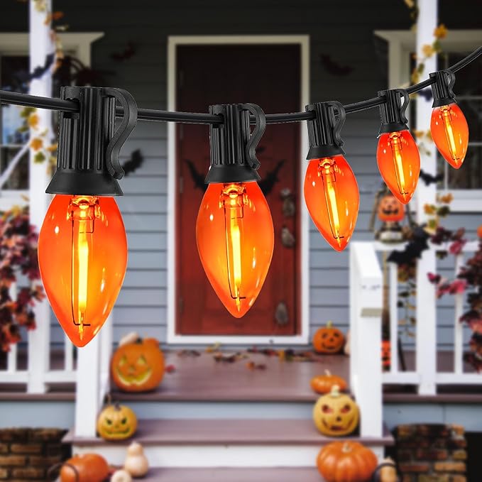 C7 Orange Halloween Lights 10FT, LED Outdoor String Lights with Black Wire for Patio, Christmas Tree, Window, Door, Party, Porch Décor