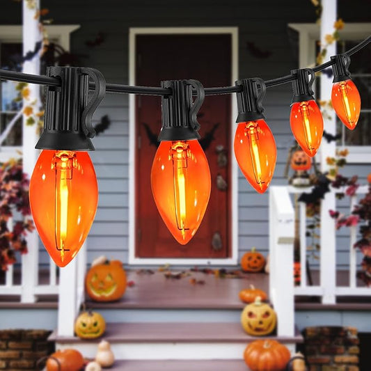 C7 Orange Halloween Lights 10FT, LED Outdoor String Lights with Black Wire for Patio, Christmas Tree, Window, Door, Party, Porch Décor