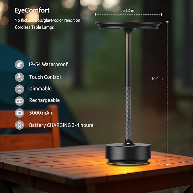 Cordless Table Lamp Rechargeable - 5000mAh Battery Operated LED Table Light with Touch Stepless Dimming - Portable Matte Black Metal Outdoor Lamp for Patio, Restaurant, Nightstand