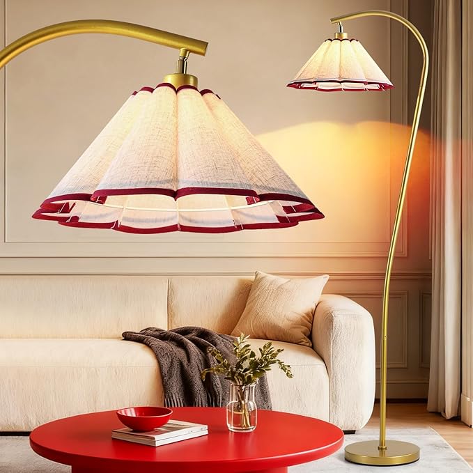 Floor Lamp with Pleated Linen Lampshade, Modern Flower Floor Lamp for Living Room Arc Standing Lamp, Gold Tall Lamp for Bedroom Office Dining Room, Bulb Included (Gold + Red, 65IN)