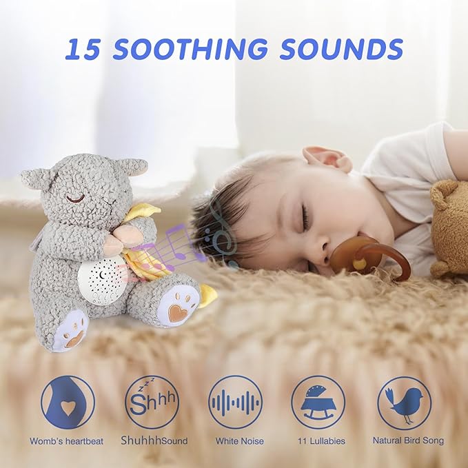 BEREST Baby White Noise Machine Stuffed Animal Toy, Mom's Heartbeat Lullabies Sheep Sleep Soother, Nursery Decor Night Light Projector, Toddler Crib Sleeping Aid, Babies Shower Gifts Portable