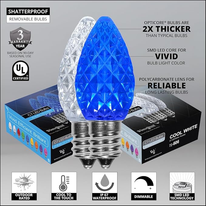 Set of 50 C7 Blue and White OptiCore Commercial Christmas Lights - Cool White and Blue Outdoor LED Bulbs on Heavy Duty 18 Gauge Green Wire (50 ft)