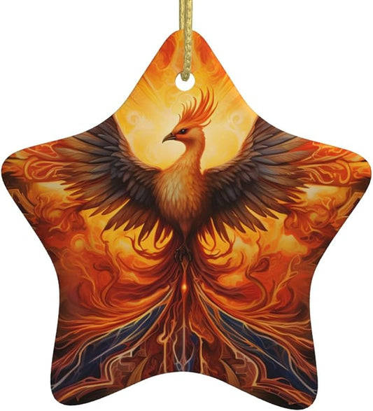 Phoenix Fire Flame Christmas Ornaments, Christmas Decorations Xmas Tree Hanging Ornaments, Star-Shaped Ceramic Festive Keepsake Gift for Christmas Decorations Holiday Home Party