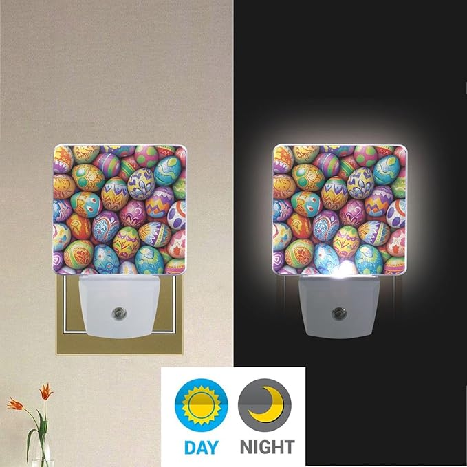 Easter Egg Patterns Night Light 2 Pack Dusk to Dawn Sensor Led Lamp for Women Men Night Lights Plug into Wall Decor for Bedroom Kitchen Corridor, 0.5W