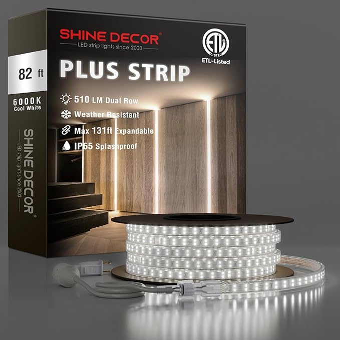 Shine Decor Plus LED Strip Lights AC 120V, Connectable Double Row Bright Rope Light, ETL IP65 Waterproof & Weather-Resistant for Accent Lighting, 7x17mm, 6000K Cool White, 82FT