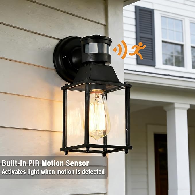 COTTAGE LIFE Motion Sensor Outdoor Wall Light Fixtures, 2 Pack Black Exterior Wall Sconces, Waterproof Outdoor Porch Lights for Front Door, Garage, Patio, Entryway