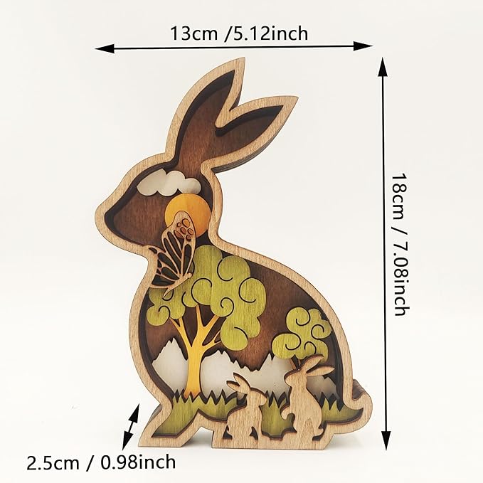 Drawelry 3D Wooden Animals Carving Home Decorative - Creative Wood Carved Lamp Farmhouse Wooden Animals Sculpture Ornaments Easter Birthday Gifts for Family Friend Son Dad (Rabbit, Without Light)