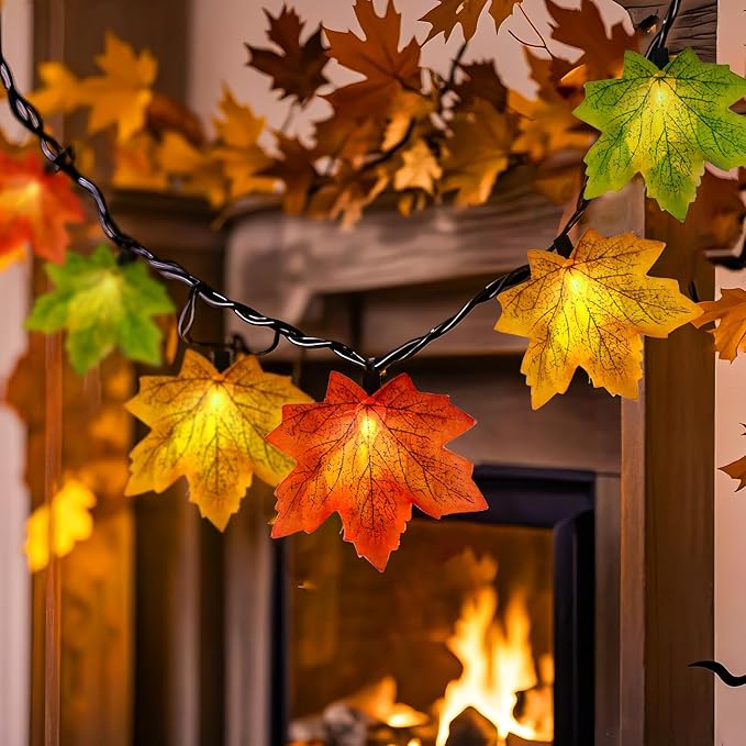 Maple Leaf String Lights Thanksgiving Decorations, Fall Garland Lights String with 35 LED Orange Yellow Green Lights for Connectable Display Indoor Outdoor Fall Decor Halloween Decorations