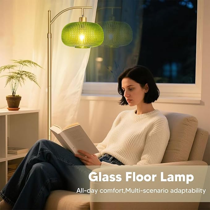 Modern Floor Lamp for Living Room, Mid Century Tall Standing Lamp Green Glass Lamp Shade, Dimmable Gold Tall Pole Lamp for Bedroom Office with Remote, 1 x 12W LED Edison Bulbs Included