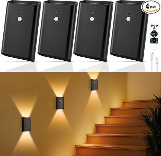 4 Pack Rechargeable Motion Sensor Wall Light: Wireless Battery Powered Wall Sconce with Remote, 3CCT Magnetic Motion Sensor Stair Light LED Indoor Up Down Wall Lamp for Bedroom Hallway Closet, Black