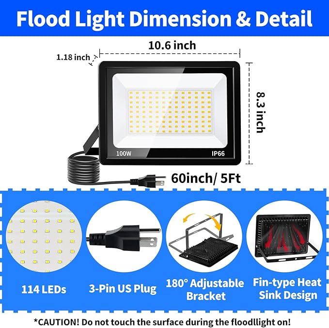 2 Pack 100W Led Flood Lights Outdoor, 12000LM Super Bright Floodlight Backyard Security Lights with 5FT Plug, IP66 Waterproof Work Light, 5000K Daylight White Flood Outdoor Lights for House, Patio