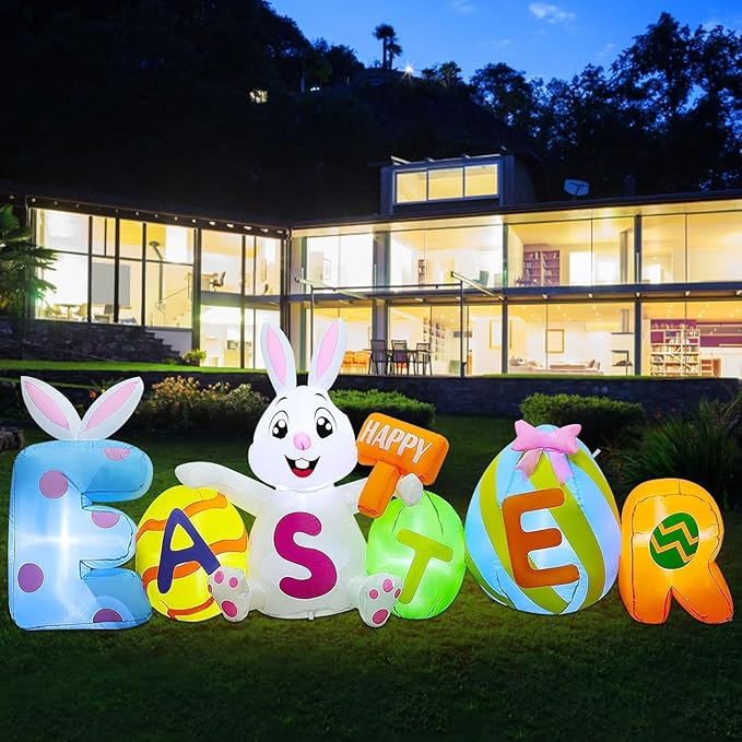 Joliyoou 8FT L Easter Inflatable Yard Decoration, Lighted Blow Up Bunny Sitting with Easter Eggs, Light Up Air Blown Rabbit Happy Easter for Spring Holiday Lawn Garden Indoor Outdoor Decors