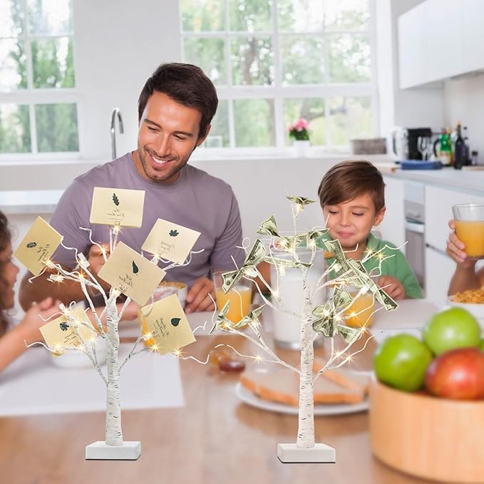 PEIDUO Set of 2 Money Trees, Lighted 22Inch 24LT White Birth Tree with Clips and Greeting Cards, Gift Card Holder for Birthday,Christmas, Wedding, Father's Day Graduation Gifts, Money Tree Gift Holder