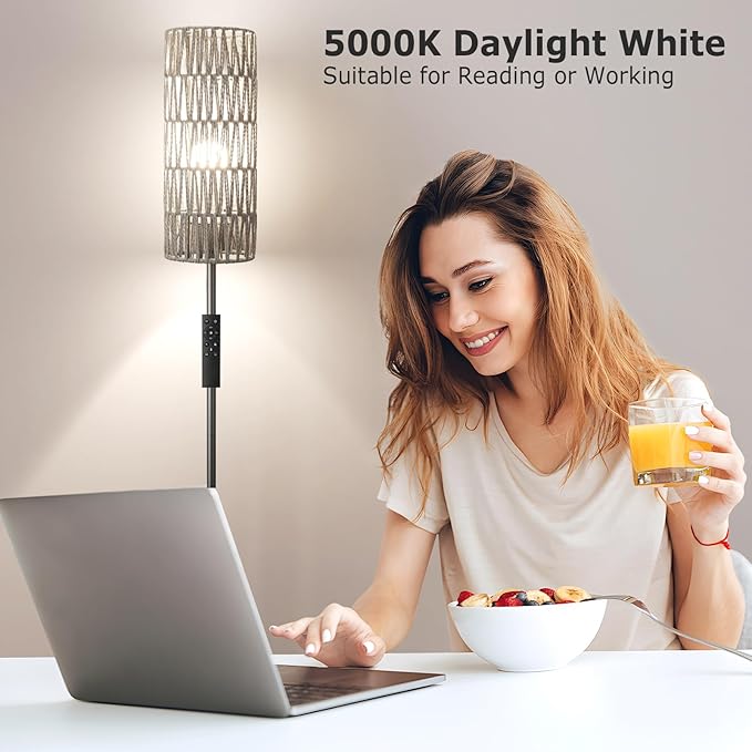Ambimall 64'' Floor Lamps for Living Room with Remote Control and Stepless Dimmable Colors Temperature & Brightness, Boho Grey Standing Lamp with Grey Rattan Shade